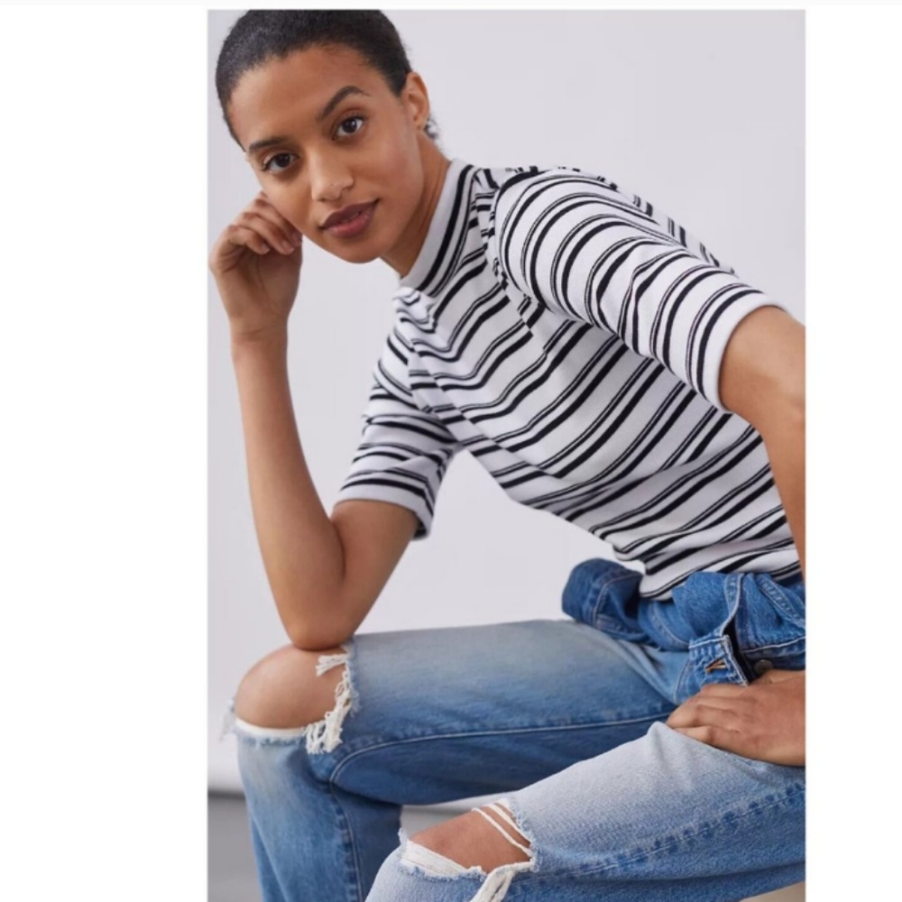 Maeve By Anthropologie XS Short Sleeve Mock Neck Shirt Black & White Stripe